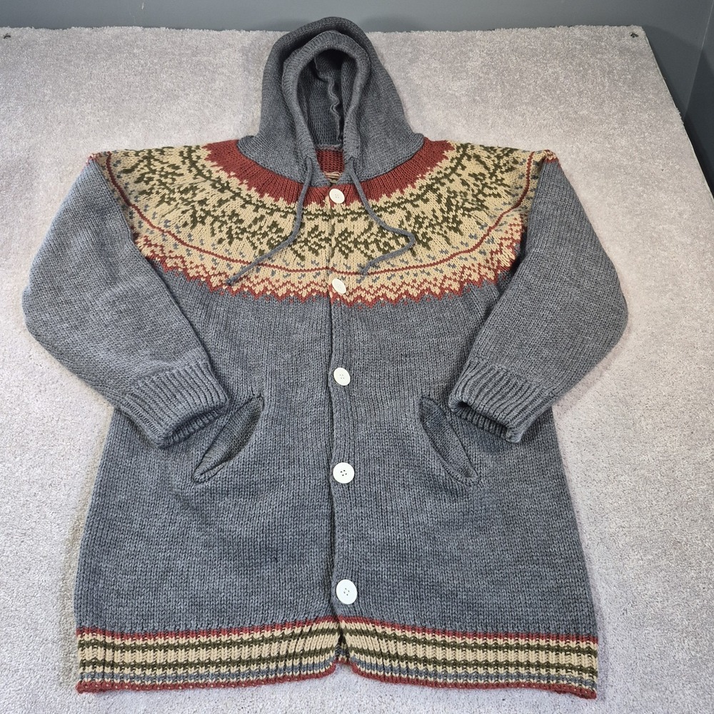 Geometric yoked hooded cardigan fair isle pattern pockets Boho retro knit large